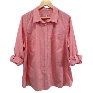 Talbots Swiss‎ Dot Gingham Plaid Button Up Top 3X Pink Roll Tab Sleeve Old Money